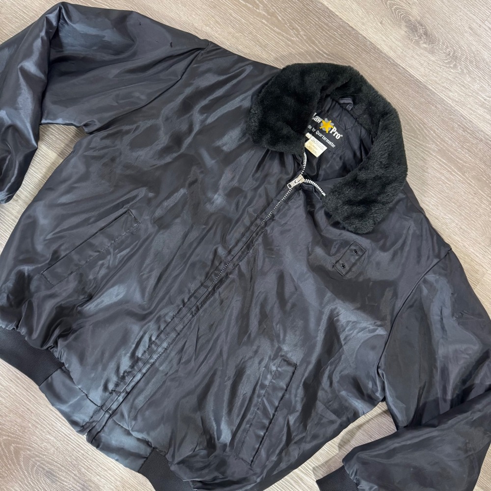 Vtg LawPro Bomber Jacket Mens XL Black Faux Fur Collar Uniform Duty Coat